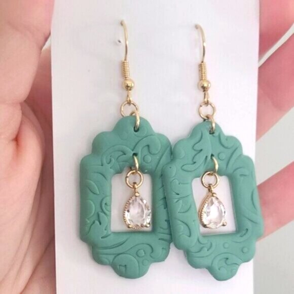 Boho Gold Plated Sage Green Embossed Pattern Crystal Drop Dangle Earrings - Picture 7 of 9